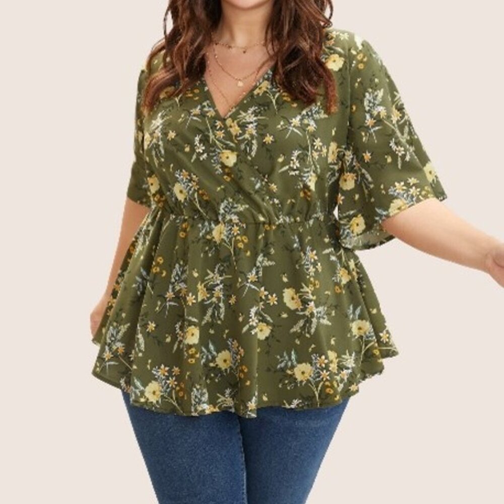 BloomChic Women's Floral Print Ruffles Surplice Neck Blouse Moss - Size 18-20